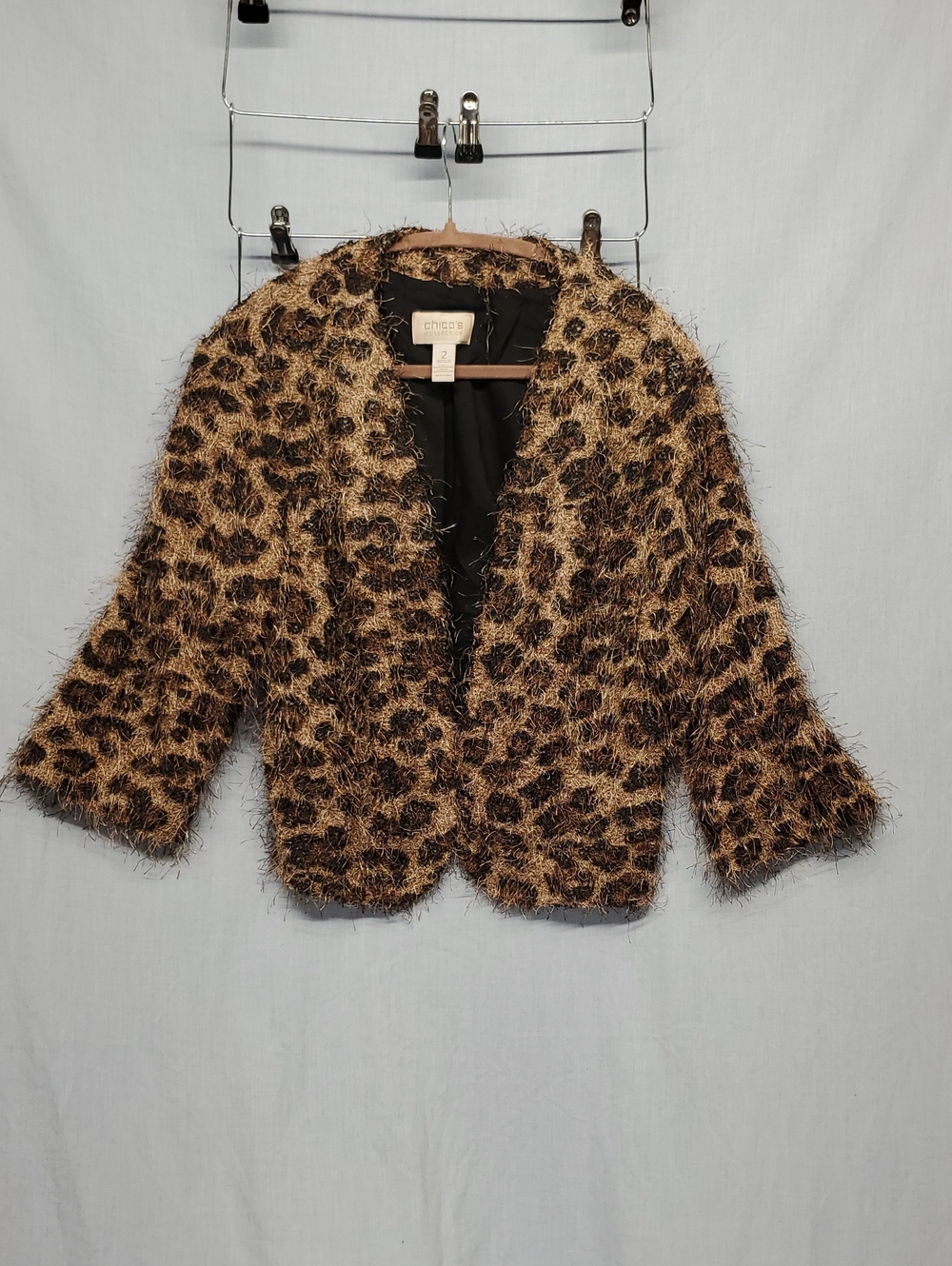 Chico's Fuzzy Leopard-Print Open Jacket in Brown and Black #365